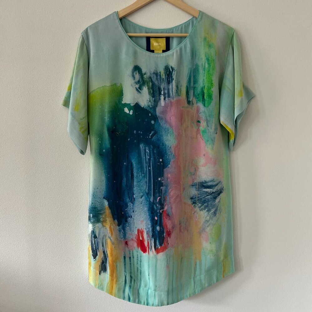 Anthropologie Maeve Watercolor Print Mini Tunic Dress — Green Blue, Sz XS